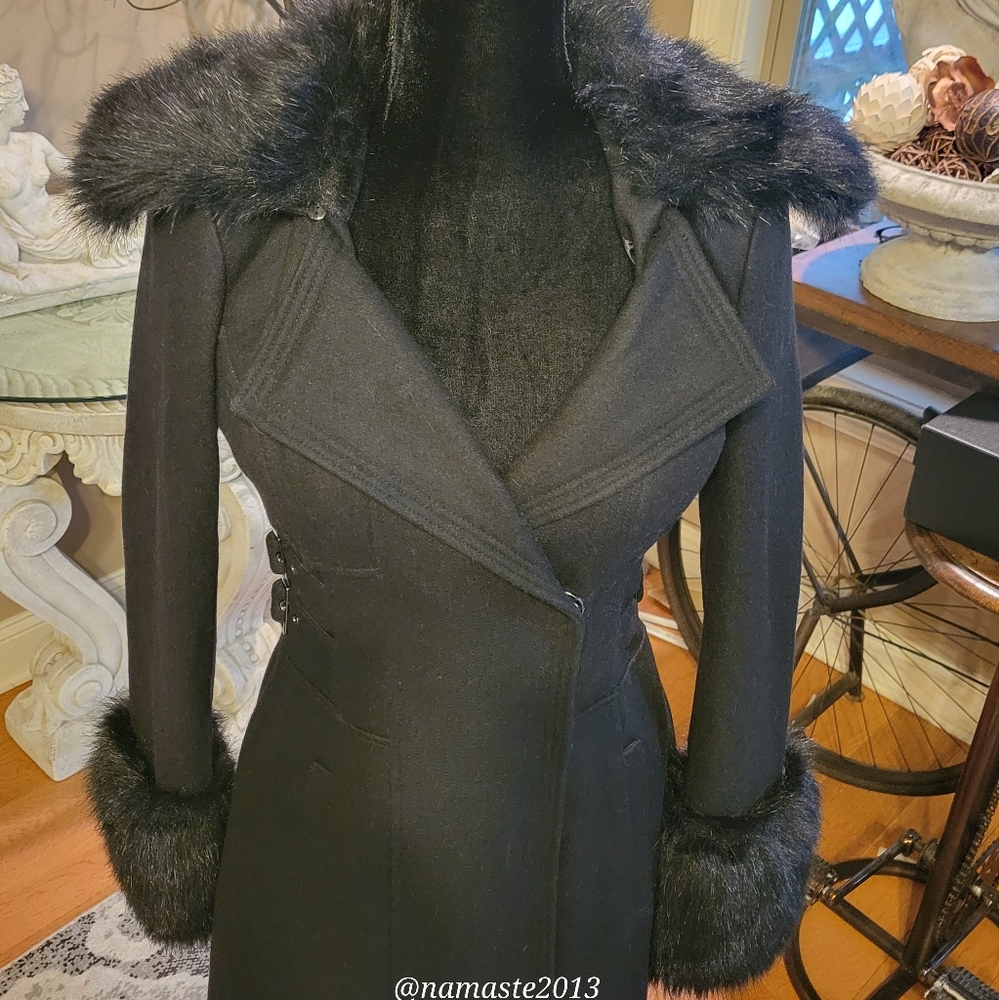 Bebe Wool Blend Jacket Faux Fur Collar Faux Fur Sleeve Cuffs Designer Luxury 62 - Picture 4 of 14